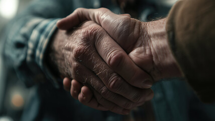 Fototapeta premium Close up on an agreement and handshake between two people. The handshake is shown in great detail, showcasing the hands.