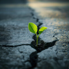 Green plant growing on crack street, asphalt plant, pavement sprout, sprout on crack asphalt