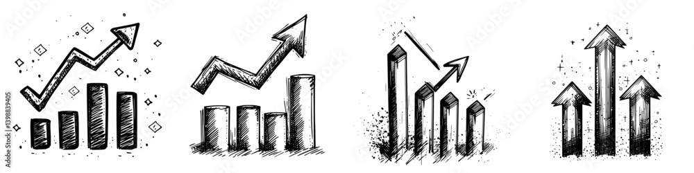 Poster graphs illustrating growth trends in business metrics presented in a modern sketch style perfect for