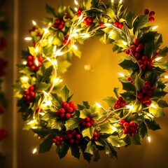 A holly wreath entwined with warm white fairy lights, festive Christmas decoration, cozy, Christmas decor