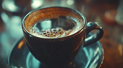 A steaming cup of dark, rich coffee in a cafe.