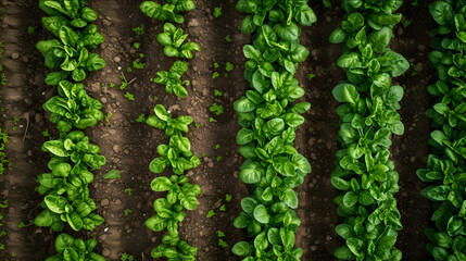 top down view displaying rows of baby plants growing in a field