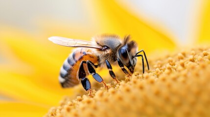 Naklejka premium Honeybee on a flower collecting pollen. Close-up view of a bee feeding on a bright yellow flower