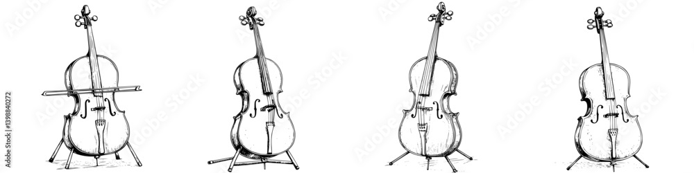 Poster multiple views of a classic cello displayed in a minimalist style showcasing elegance and craftsmans