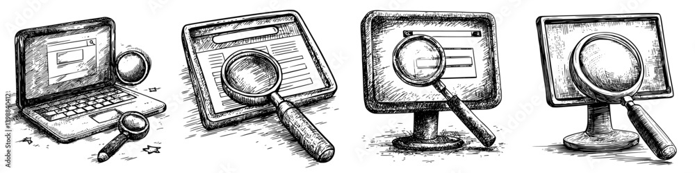 Poster sketches illustrating online search tools with computer screens and magnifying glasses in a creative