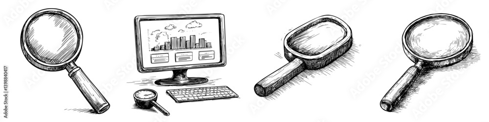 Poster exploring digital analytics through magnifying glasses and computer interfaces in a modern workspace