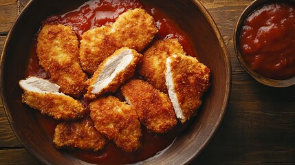 Crispy chicken cutlets recipe with tomato sauce delicious homemade chicken schnitzel food photography