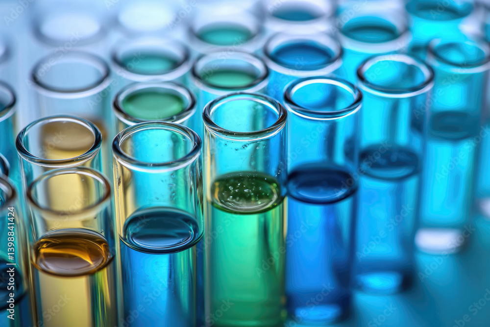 Poster close-up of multiple test tubes filled with various colored liquids, representing scientific researc
