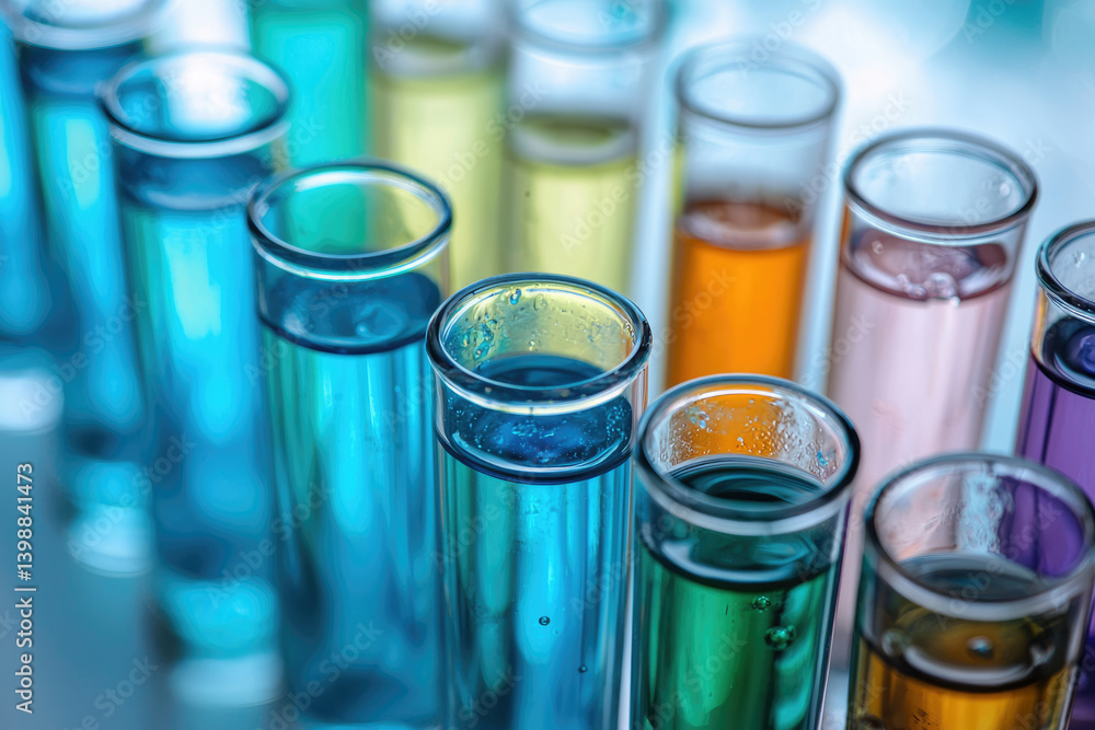 Poster close-up of colorful liquid samples in test tubes, likely in a scientific laboratory setting.