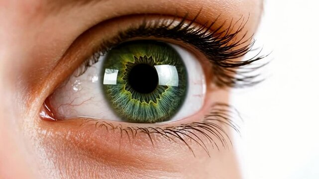 Close-up view of a green eye highlighting intricate details and color variations in natural sunlight