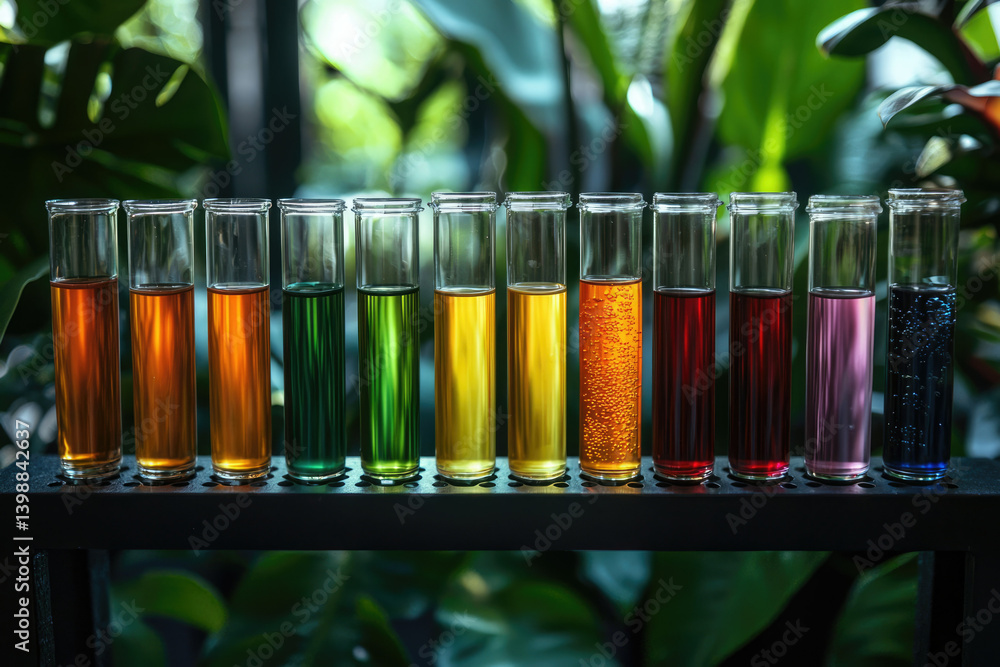Poster ten test tubes with colorful liquids are arranged in a row against a lush green background.