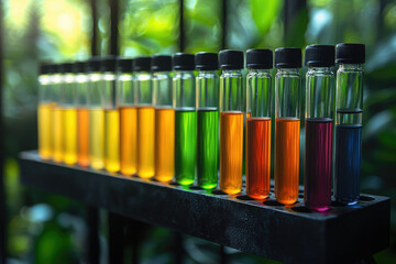 A row of test tubes filled with colorful liquids, likely representing various chemical solutions or samples in a scientific experiment.