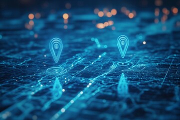 Futuristic digital map with glowing blue location pins, data network, route planning and navigation