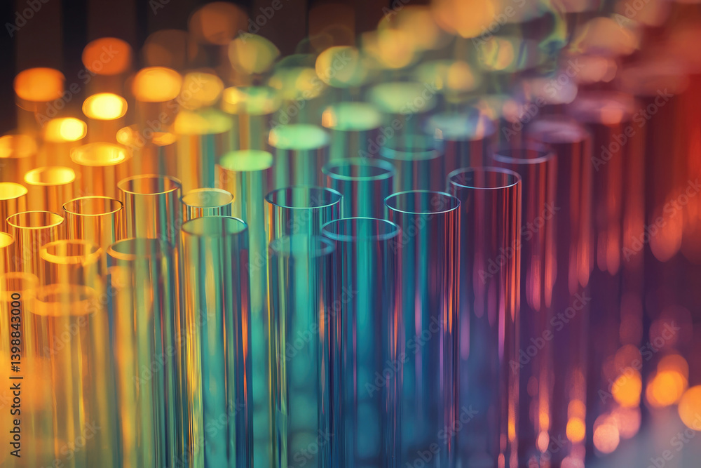 Poster colorful glass test tubes arranged in rows, illuminated with warm and cool lighting, creating a vibr