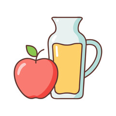Illustration of fresh apple juice in a glass pitcher next to a ripe red apple fruit icon on transparent background