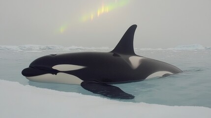 Fototapeta premium Orca in icy arctic waters. A sleek black and white orca glides through frigid arctic waters, alongside ice floes. Soft light hints at the majestic beauty of the arctic environment