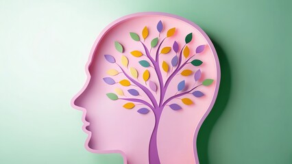 Mental Health Awareness concept. A vibrant representation of a human head silhouette with a flourishing tree symbolizing growth and creativity.