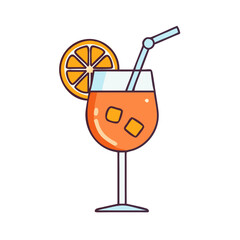 Illustration of refreshing orange cocktail drink with straw and ice cubes for summer time on transparent background