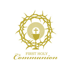 golden holy communion icon with chalice and thorn crown isolated on white background