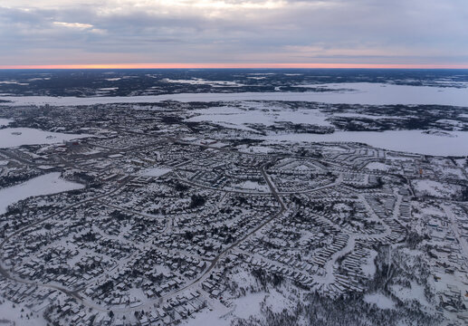 An aerial view of winter landscape at Yellowknife, Northwest Territories, Canada