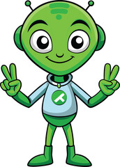 Friendly Martian alien holding peace sign. Green alien ambassador for space, sci-fi humor, or cosmic community.