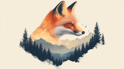 Obraz premium Creative fox illustration featuring pine trees and mountains for a nature-inspired design