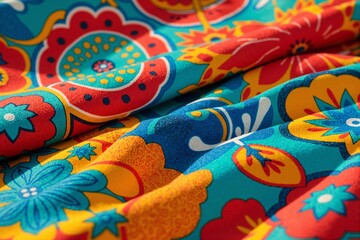 colorful patterned fabric featuring bold floral and circular designs in bright turquoise, red, orange, and yellow, textile showcases traditional or folk-inspired motifs with large stylized flowers