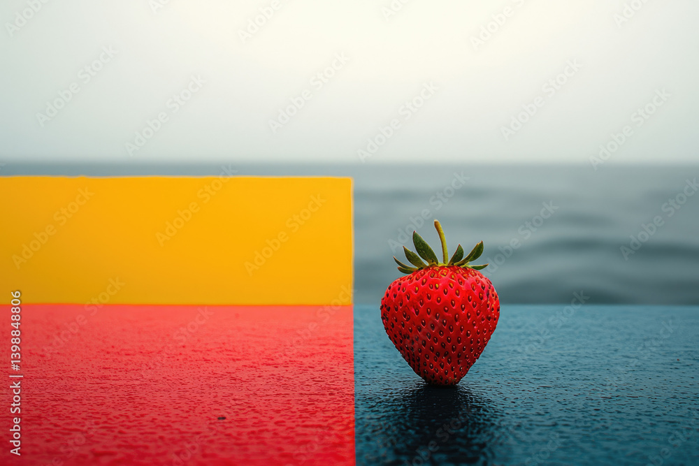 Poster a single, ripe strawberry rests on a colorful surface against a blurry ocean backdrop.