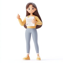 Naklejka premium 3D cartoon character of young woman Jane standing with test exam results, holding a questionnaire document and showing thumbs up. Education, study, success, and positive feedback concept.