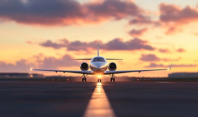 Private jet on runway at sunset aviation travel transport
