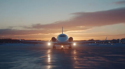 Obraz premium Private jet on tarmac at sunset luxury travel corporate aviation high end transportation