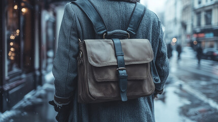 A partial shot of a person wearing a coat and carrying a bag