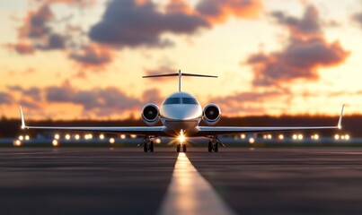 Private jet on tarmac at sunset ready for takeoff luxury aviation travel and transportation