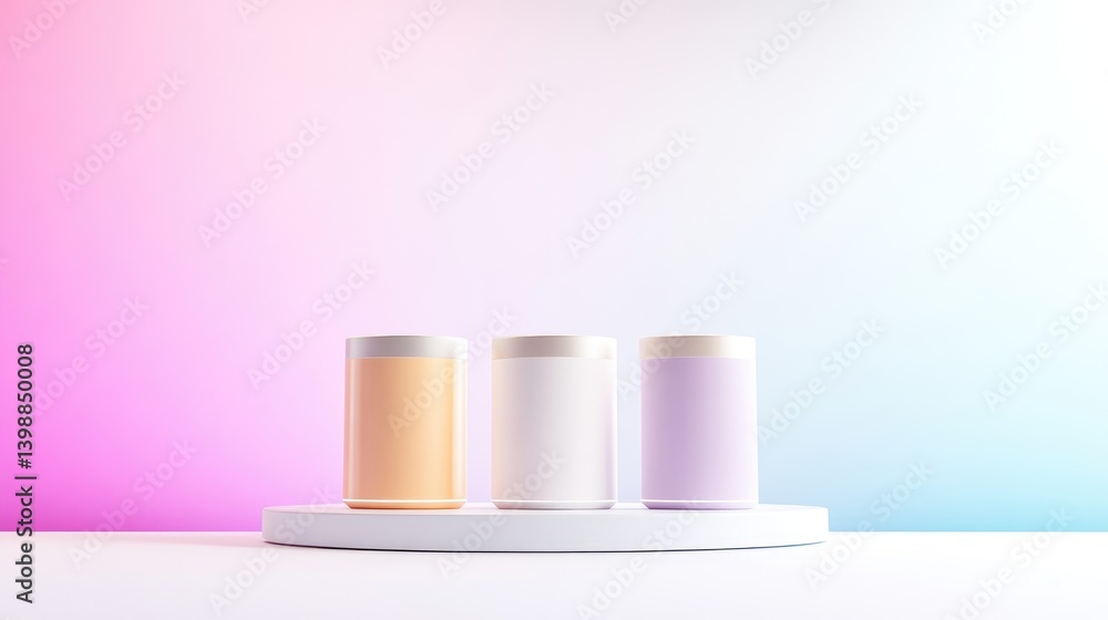 Poster three cylindrical containers pastel gradient background clean minimalist style studio lighting front