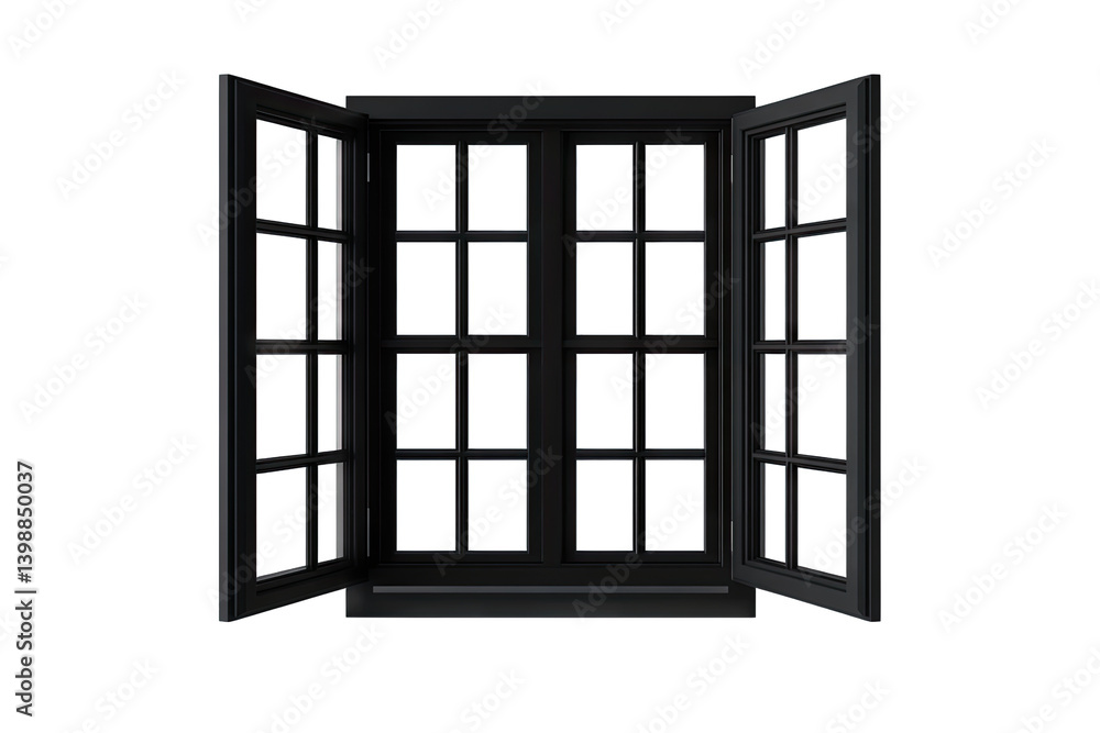 Poster a stylish black window with multiple panes opened outward allowing light and air to flow in it serve