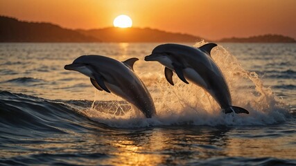 Fototapeta premium Dolphins jumping joyfully at sunset over ocean waves 