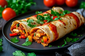 Burritos filled with flavorful chicken and vegetables, drizzled with sauce and garnished with fresh cilantro. A tempting dish set against a dark surface, accompanied by vibrant tomatoes