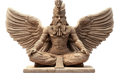 A highly detailed sculpture of an Assyrian god with intricate carvings and divine symbols Isolated on transparent background.