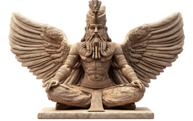 A highly detailed sculpture of an Assyrian god with intricate carvings and divine symbols Isolated on transparent background.
