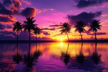 Palm trees silhouette against a vibrant sunset reflected in the water