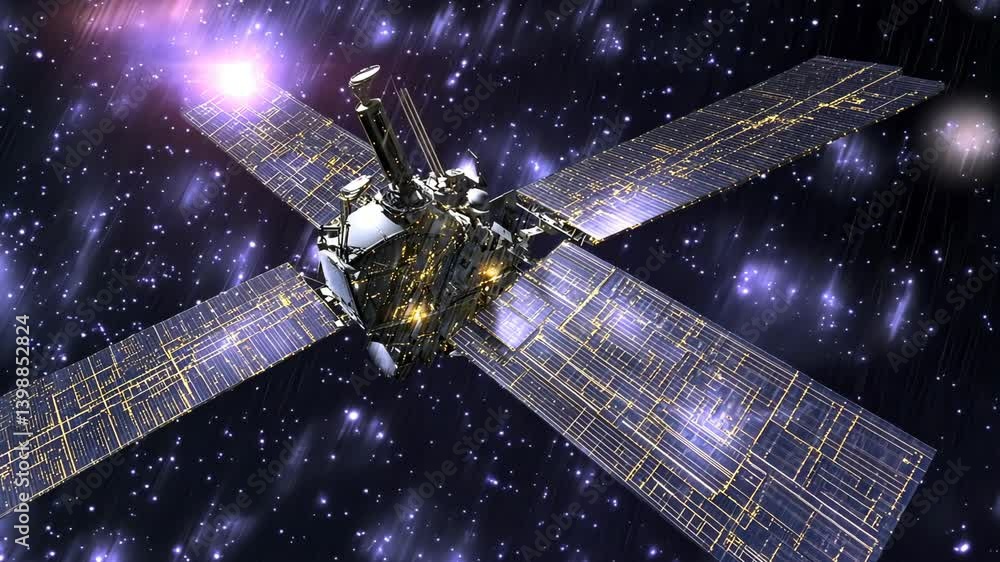 Poster satellite exploring distant galaxies and collecting data in deep space