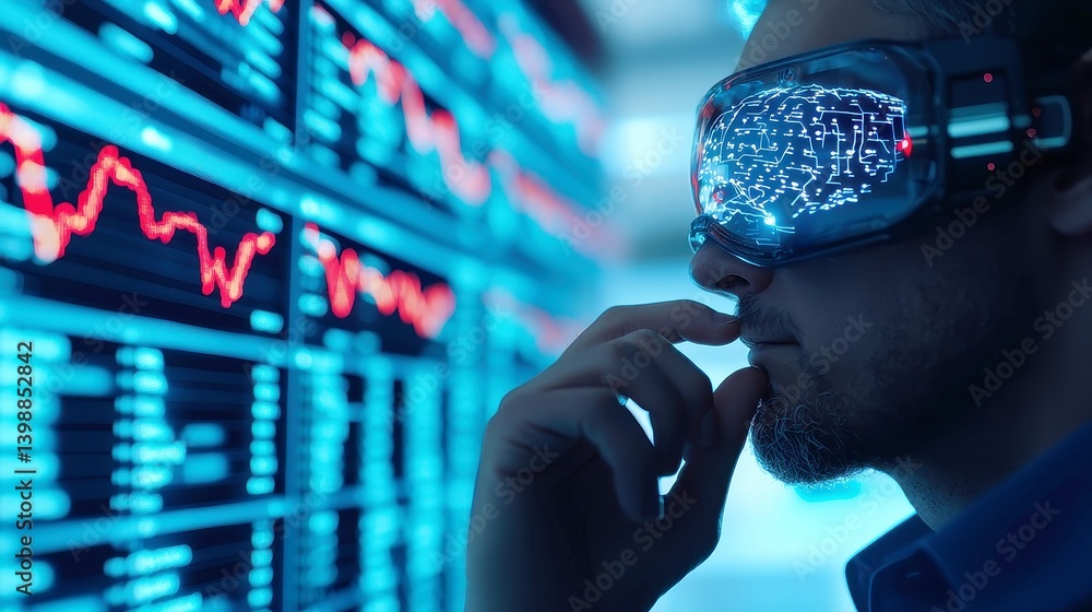 Poster visionary executive engaged with brain-computer interface, analyzing live market dynamics within ai-