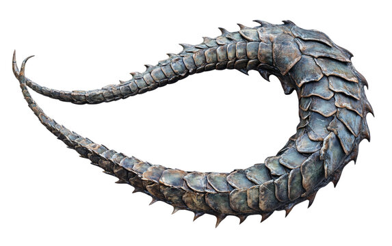 A highly detailed illustration of a dragons tail coiled with razor-sharp scales Isolated on transparent background.