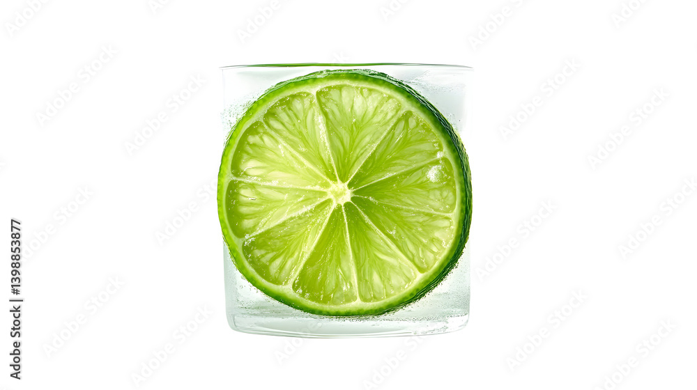 Poster refreshing lime slice on white background for beverage design