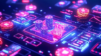 Obraz premium Quantum Poker Showdown, a thrilling high-tech game where AI players wager quantum code and corporate secrets, blending strategy, intrigue, and cutting-edge technology.