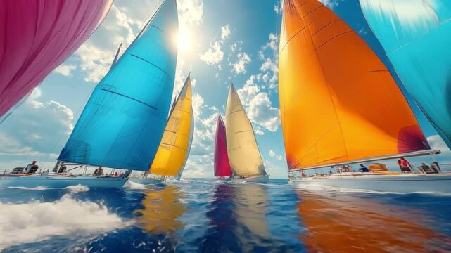 Sailing regatta at sea: The photograph captures a vibrant regatta under a bright sun, with colorful sails billowing against the azure waters, invoking a sense of freedom and competition.