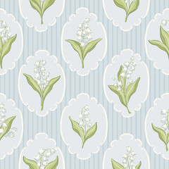 Vintage lily of the valley medallion vector seamless pattern - scalloped cameo frames and blue stripes. Delicate spring garden floral print for botanical cottage Easter textiles, fresh country decor