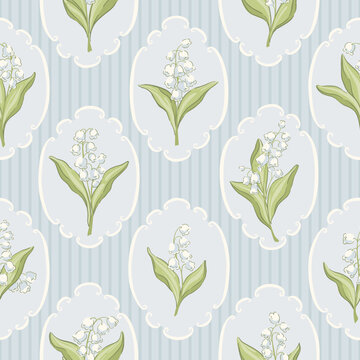 Vintage lily of the valley medallion vector seamless pattern - scalloped cameo frames and blue stripes. Delicate spring garden floral print for botanical cottage Easter textiles, fresh country decor