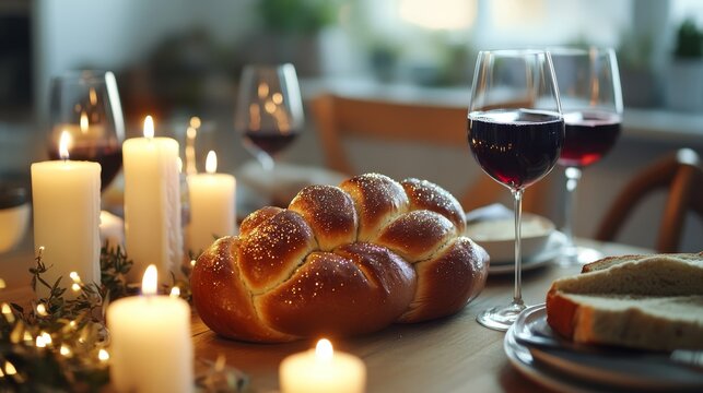 A wooden table holds a Shabbat dinner: challah bread, wine, and candles, all sparkling with glitter.
