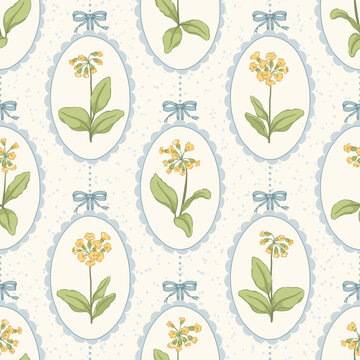 Vintage cowslip medallion vector seamless pattern, oval scalloped cameo frames with bows and ribbon. Classic Victorian-inspired delicate botanical floral primrose print for traditional cottage textile